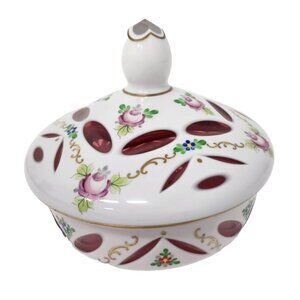 Vintage 19th Century Czech Bohemian Milk Cranberry Glass Candy Dish Bowl Lidded